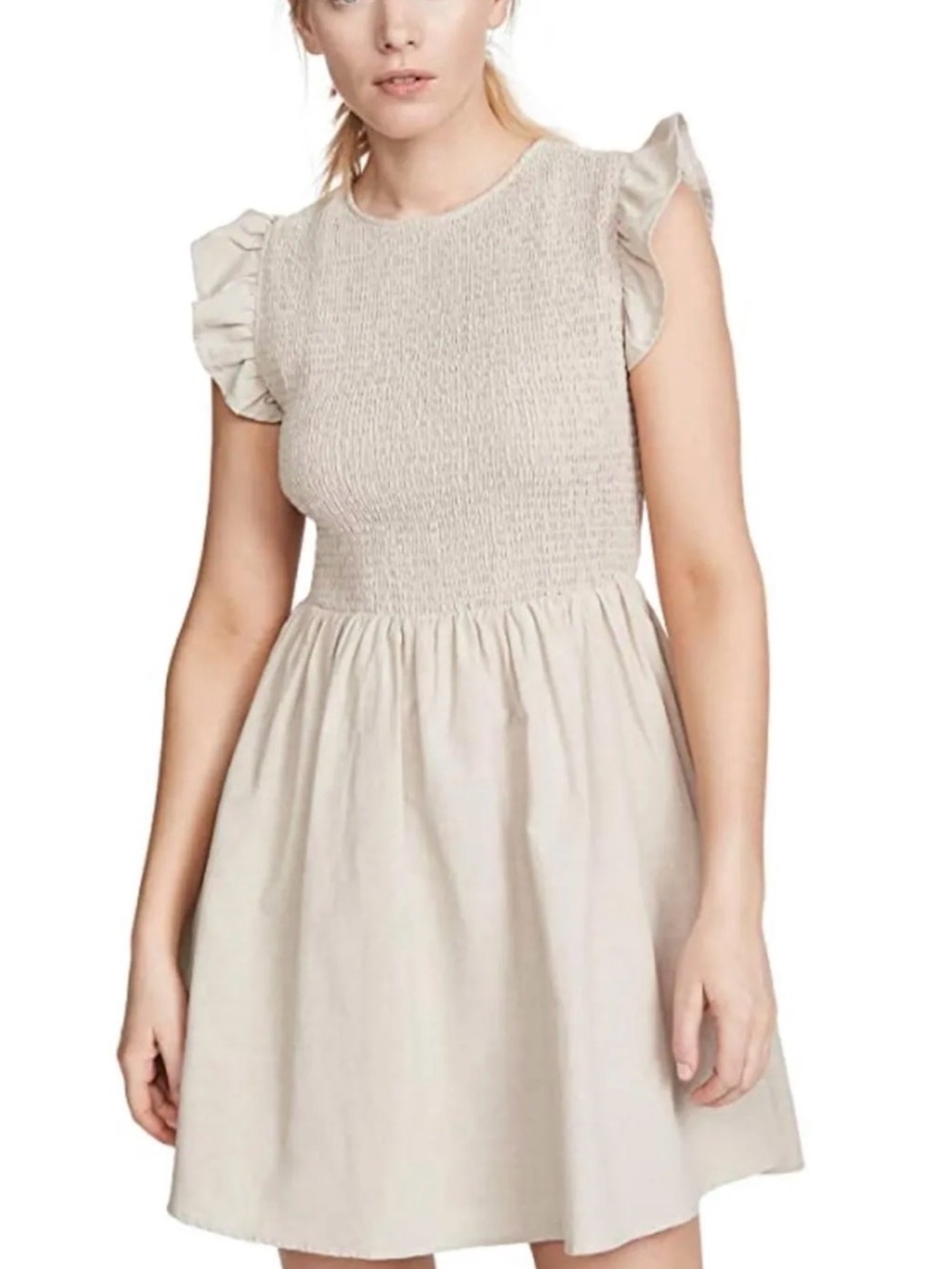 Revolve English Factory Beige Smocked Bodice Ruffle Sleeve Mini Dress XS